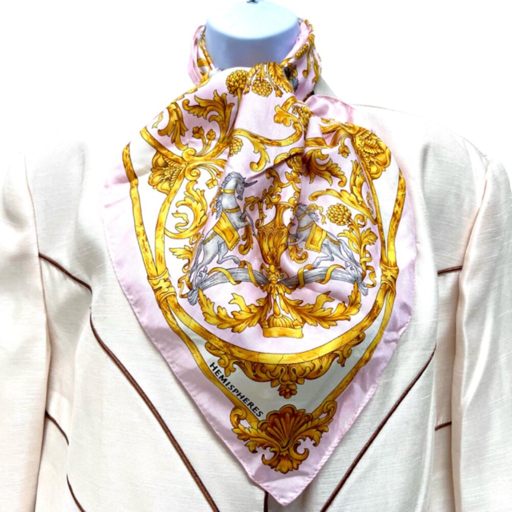 HERMISPHERES  silk scarf 23"X23  Light pink gray  gold unicorn logo  ( 35)